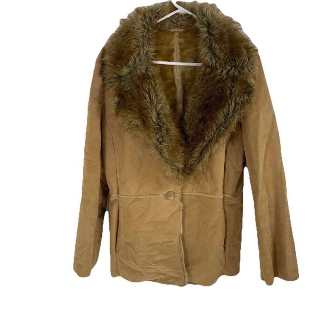 Penny Lane Coat Jacket Suede Tan‎ Women Sz XL Faux Fur Boho Vintage Hippie 90s